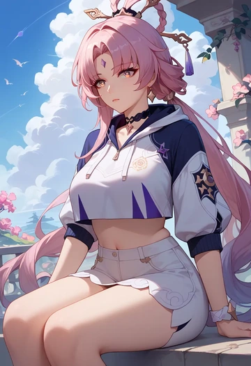 star rail,fu xuan,crop hoodie,shorts  - AI generated anime art